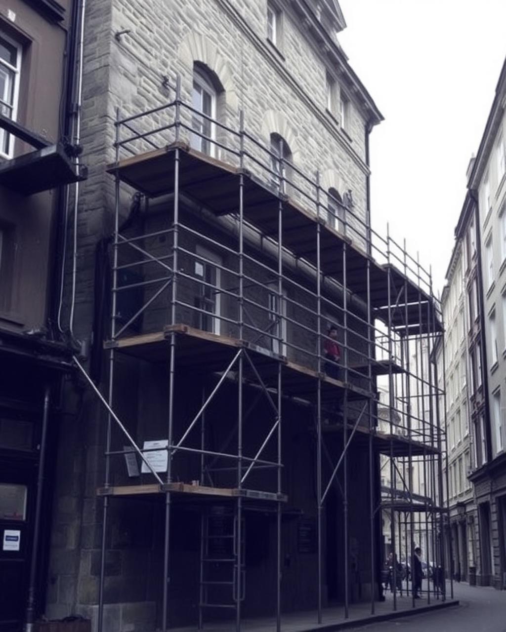 Bespoke scaffolding installation around a complex historic stone building on a narrow street
