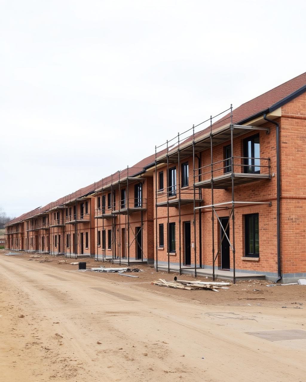 Scaffolding across a row of new build houses on a residential development site