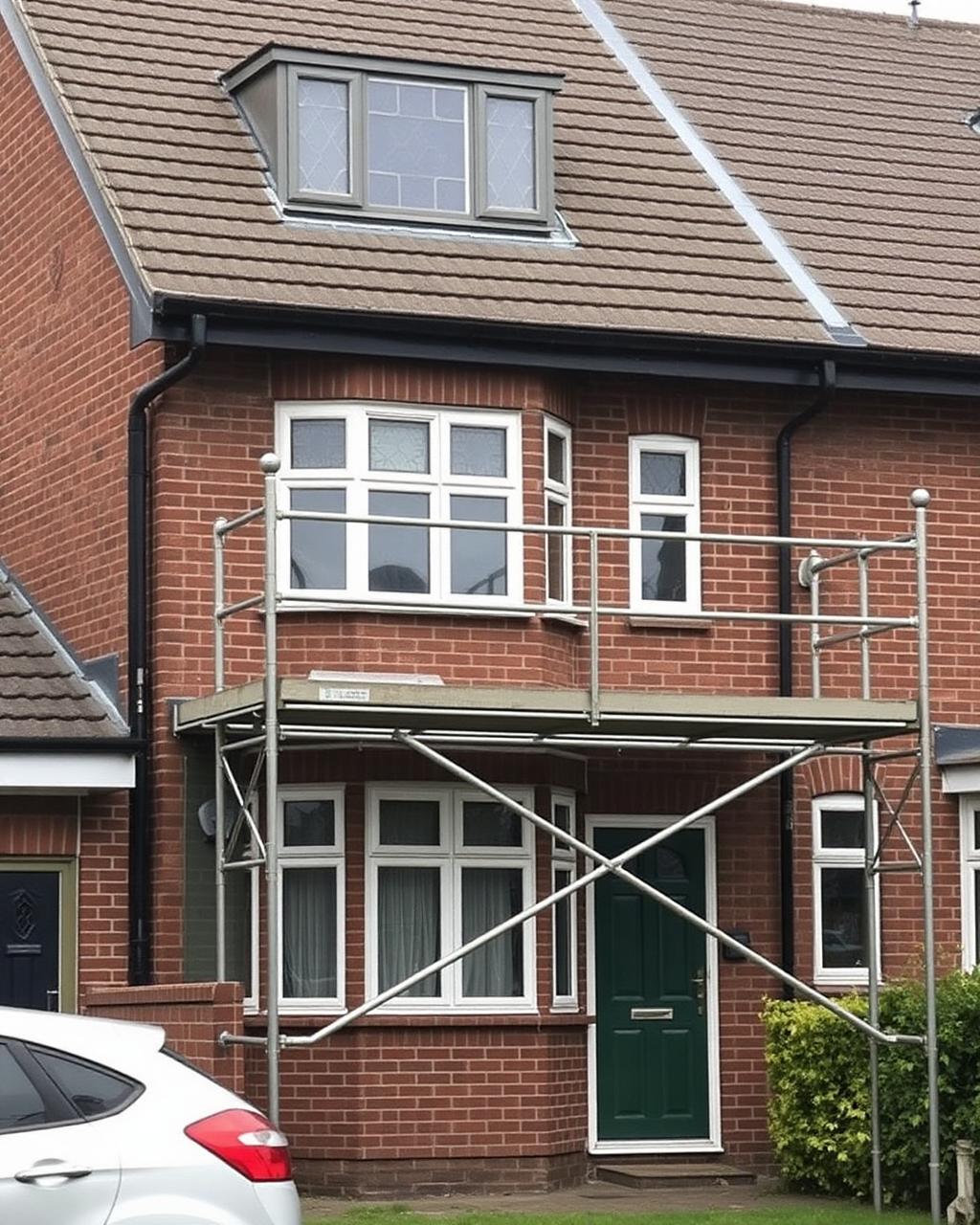 Residential scaffolding erected across the front elevation of a UK home for roof access