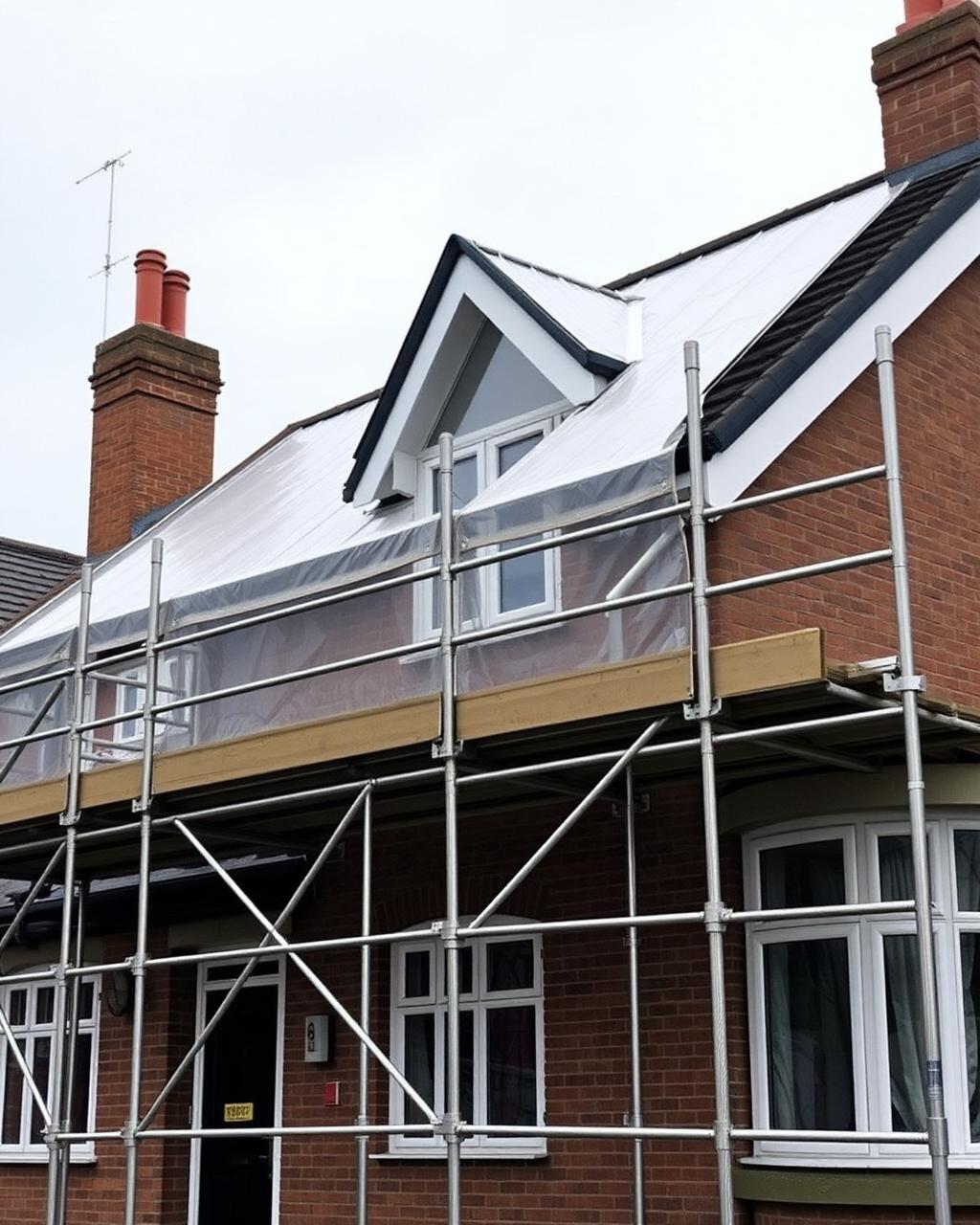 Temporary roof scaffolding system with protective sheeting over a house during roof works